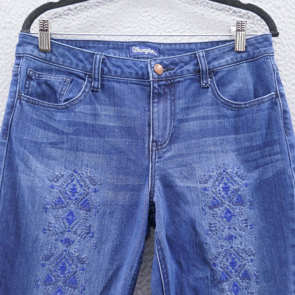 Wrangler Womens Embroidered Skinny Jeans Medium Wash Blue Frayed Hem Size 11/28